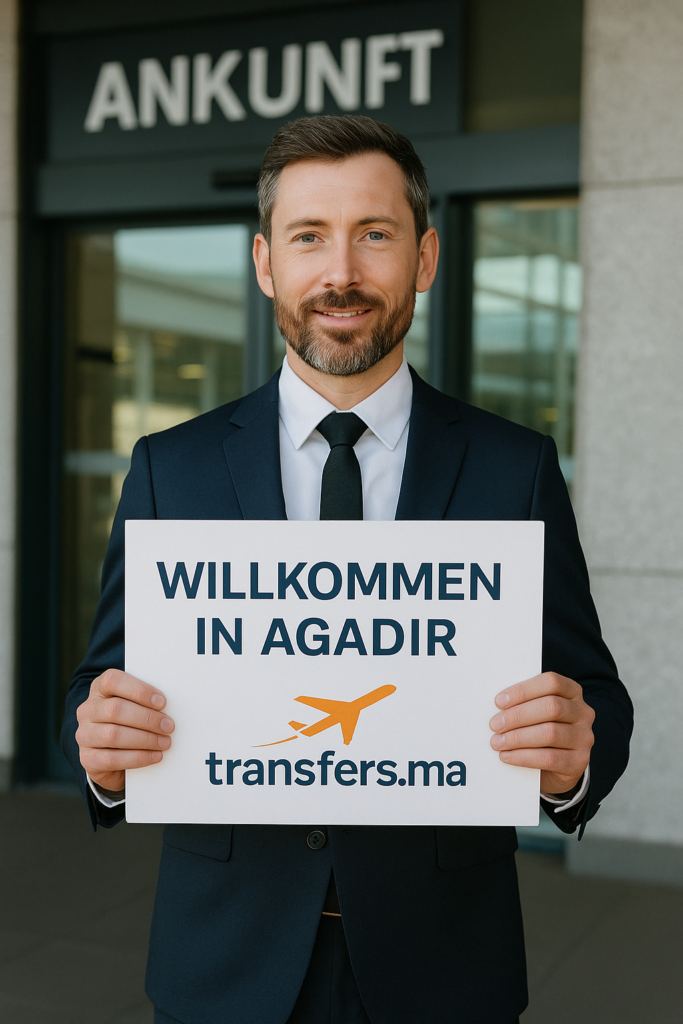 Privater Fahrer am Flughafen Agadir Al Massira mit Schild "Willkommen in Agadir" und Transfers.ma Logo – Flughafentransfer nach Taghazout oder Paradis Plage