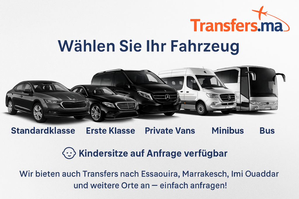 Transferoptionen vom Flughafen Agadir – Übersicht der Reiseziele, Distanzen und Fahrzeugklassen wie Standard, Business, First Class, Van, Minibus und Bus – Transfers nach Agadir, Taghazout und Immi Ouaddar.