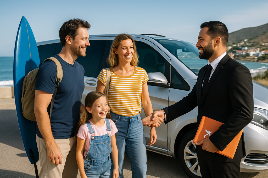 Voiture privée de l'aéroport d'Agadir à Taghazout avec chauffeur souriant