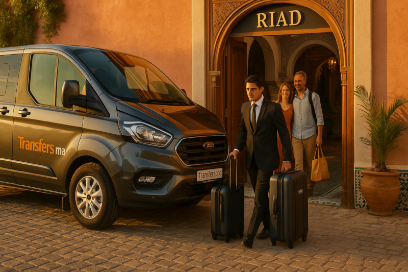 Transfers.ma Ford Tourneo at a riad in Marrakech, logo visible on car door and plate, Moroccan porter helping travelers with luggage.”